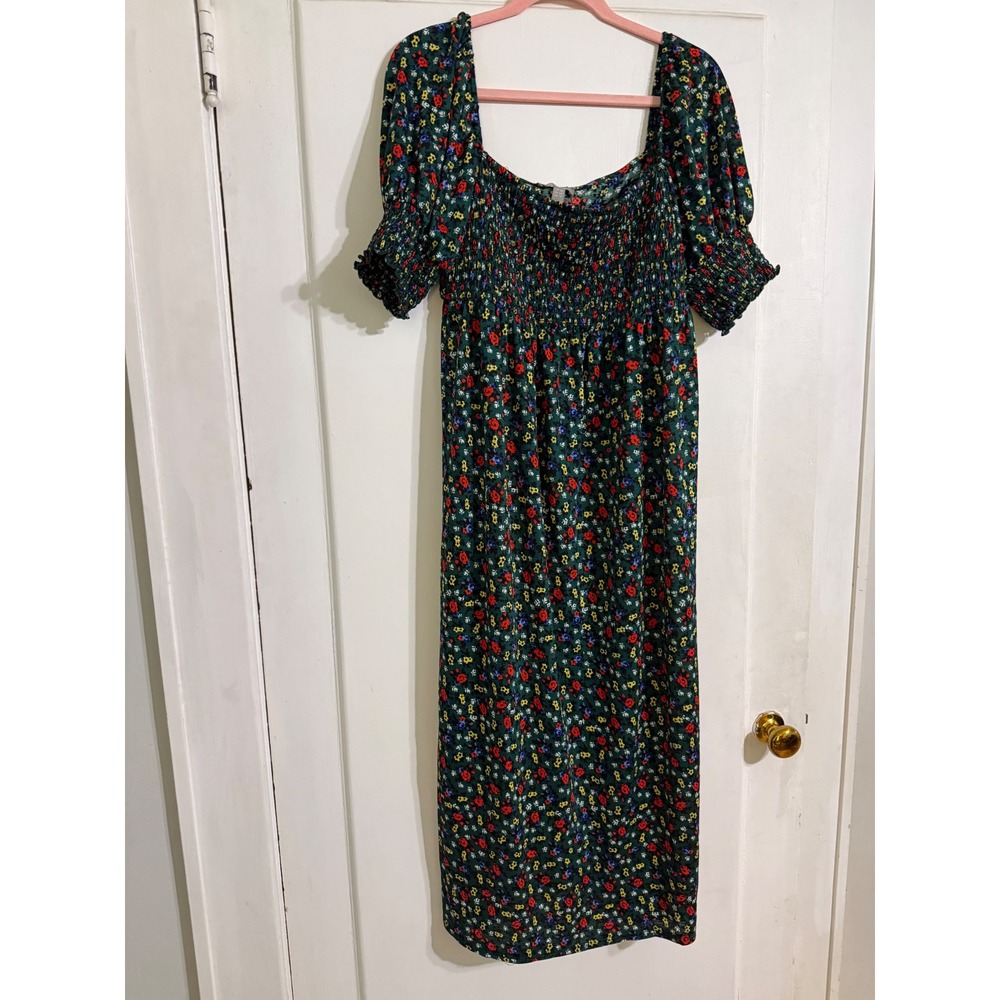 ASOS Green Floral Smocked Midi Dress Square Neck Puff Sleeve US 12